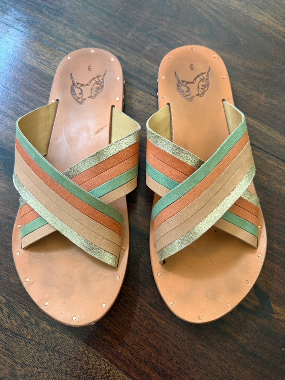 beek Multicolor Strappy Leather Slide Sandals with Metallic Accents